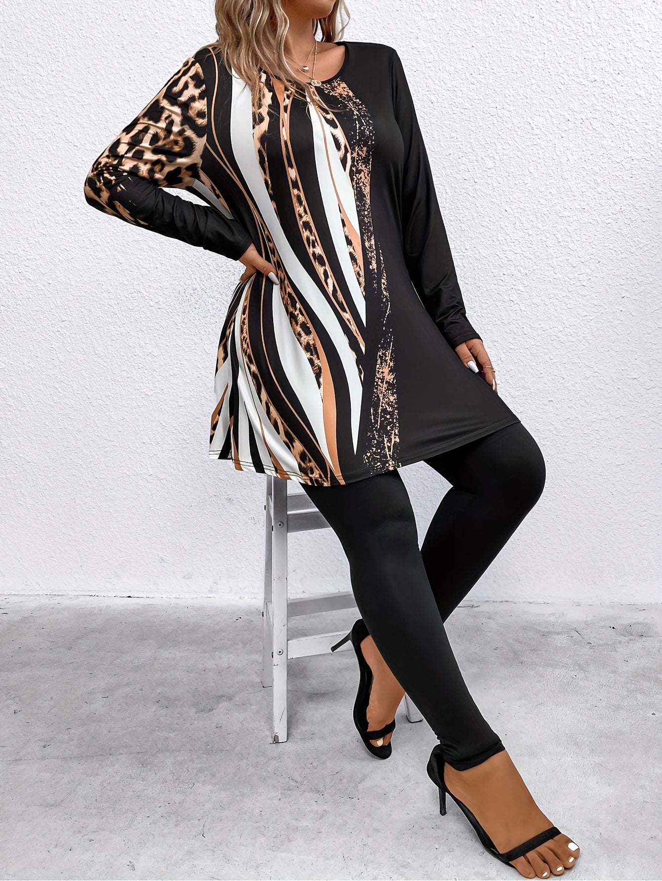 Plus Size, Plus Size 2pcs Outfits for Women Leopard Print Long Sleeve Tunic Top And High Waist Leggings Women Casual Loungewear Matching Set for Daily Wear