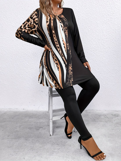 Plus Size, Plus Size 2pcs Outfits for Women Leopard Print Long Sleeve Tunic Top And High Waist Leggings Women Casual Loungewear Matching Set for Daily Wear