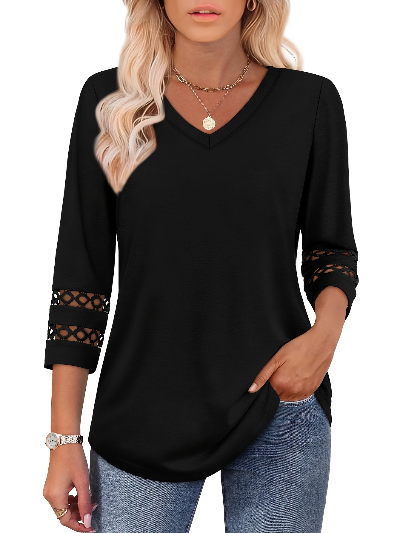 Three-piece Women'S 3/4 Long-sleeved Top, Fashionable Ladies' Casual Shirt, V-neck Lace Three-quarter Sleeve T-shirt