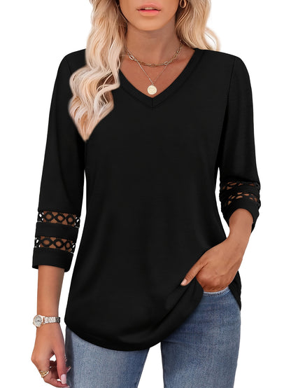Three-piece Women'S 3/4 Long-sleeved Top, Fashionable Ladies' Casual Shirt, V-neck Lace Three-quarter Sleeve T-shirt