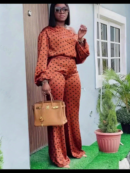 Spring Women'S Fashion Long-Sleeved Top And Long-Pants Loose Casual Off-Shoulder Suit with Polka Dot Print