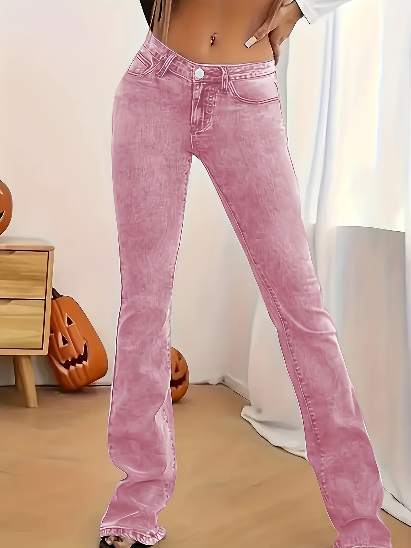2026 NEW [Long Length Skinny Flare Jeans] Women'S Casual Skinny Flare Jeans, Long Length, Low Waist, Button Fly, Medium Stretch, All Seasons, Solid Color