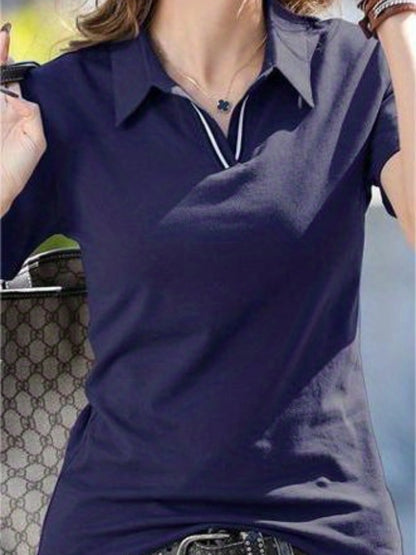 Women'S Casual V-Neck T-Shirt - Summer Short Sleeve Solid Color Top with Striped Collar & Waist Ribbon Detail, Machine Washable Regular Fit for Casual Attire, Comfortable Daily Tee, Stylish Ribon Detail, Smooth Fabric Tee