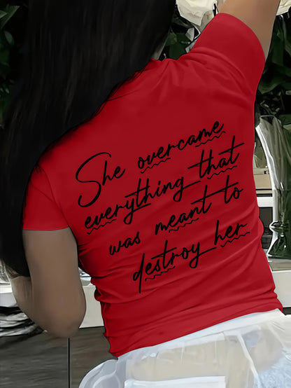 Short T-Shirt for Women with Inspirational Print - "She Overcomes Everything" Back Design, Casual Summer Top with Short Sleeves, Medium Stretch Crew Neck, Machine Washable, Motivational Text Design, Comfort Fit
