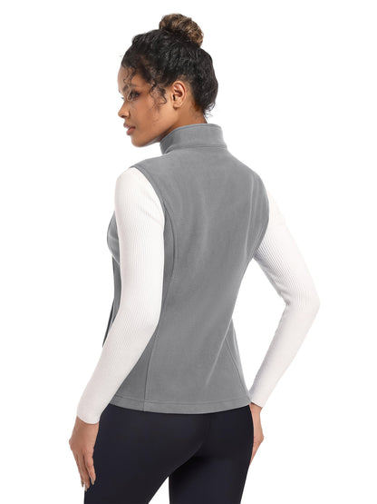 Women'S Fleece Zip Vest Lightweight Warm Sleeveless Jacket Stand Up Collar Windproof Soft Outerwear Vest with 4 Pockets Elastic Armholes for Camping Riding Office Outdoor Party Spring Fall Winter