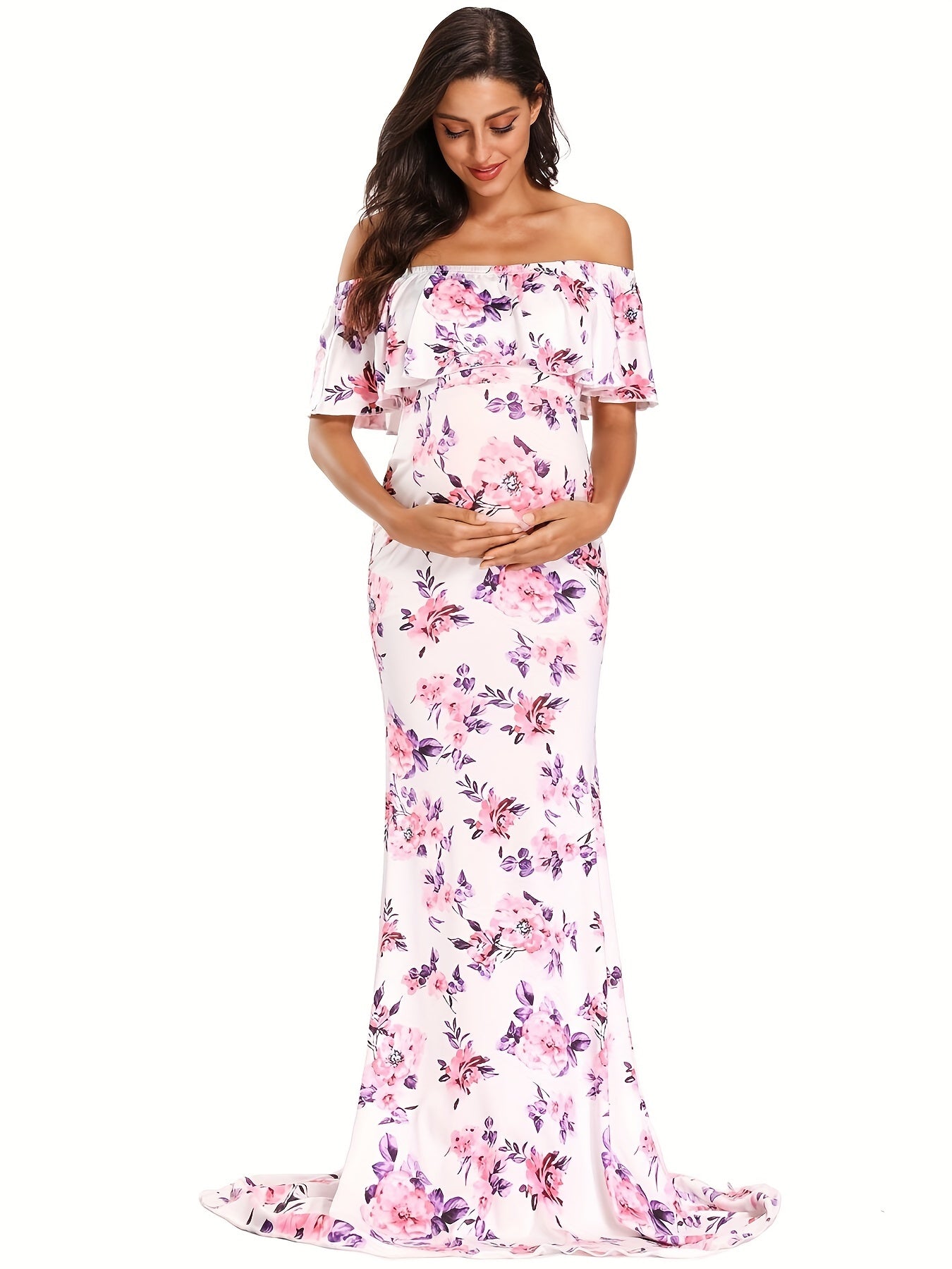 Womens Off Shoulder Maternity Dress Ruffles Elegant Slim Gowns Fit Maxi Photography Dress