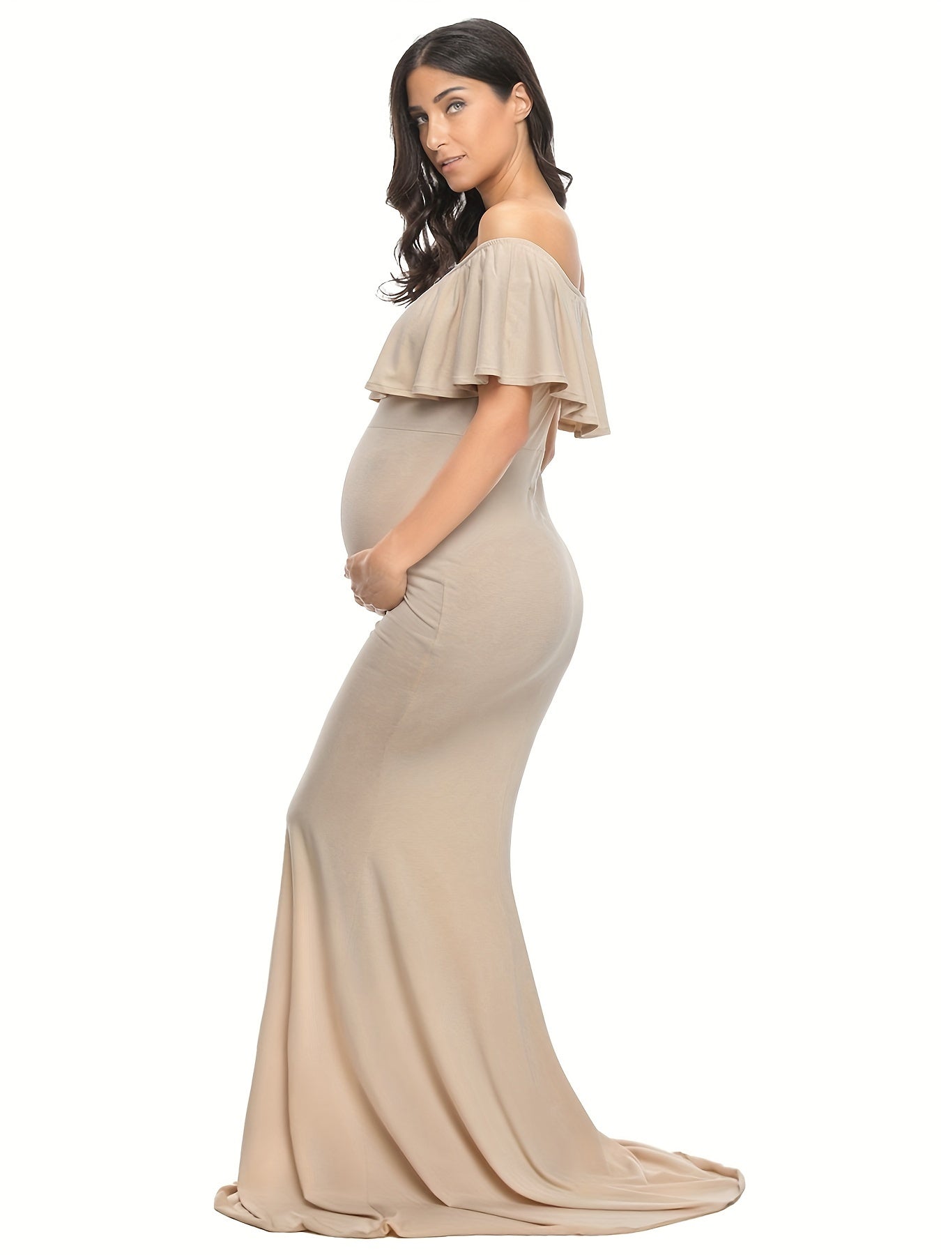 Womens Off Shoulder Maternity Dress Ruffles Elegant Slim Gowns Fit Maxi Photography Dress