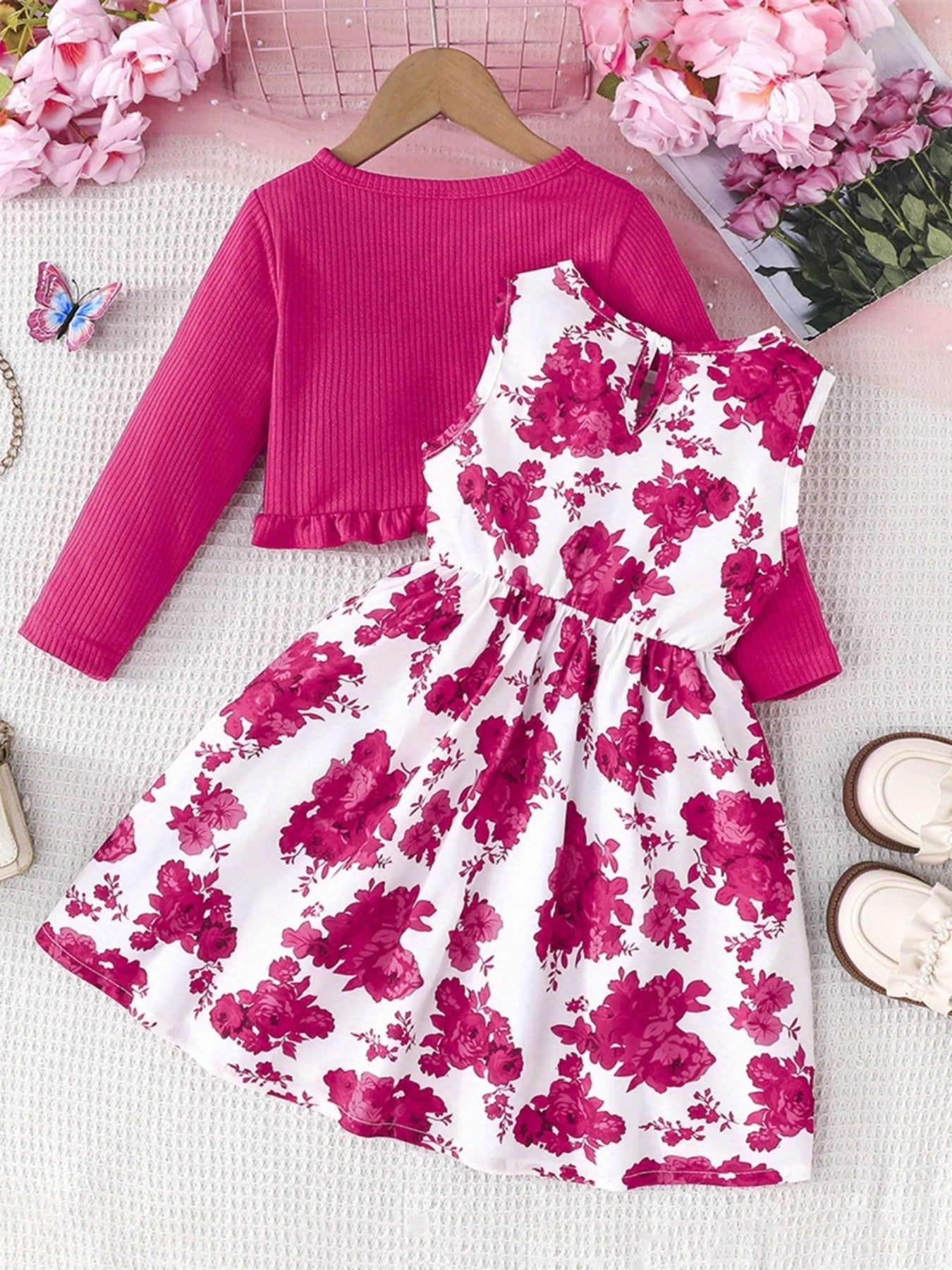 Kid Toddler Baby Girl Fall Outfit Ruffle Trim Long Sleeve Cardigan Flower Print Sleeveless A-line Tank Dress with Bow 2pcs Set, Perfect for Outdoor