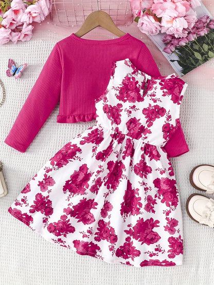 Kid Toddler Baby Girl Fall Outfit Ruffle Trim Long Sleeve Cardigan Flower Print Sleeveless A-line Tank Dress with Bow 2pcs Set, Perfect for Outdoor