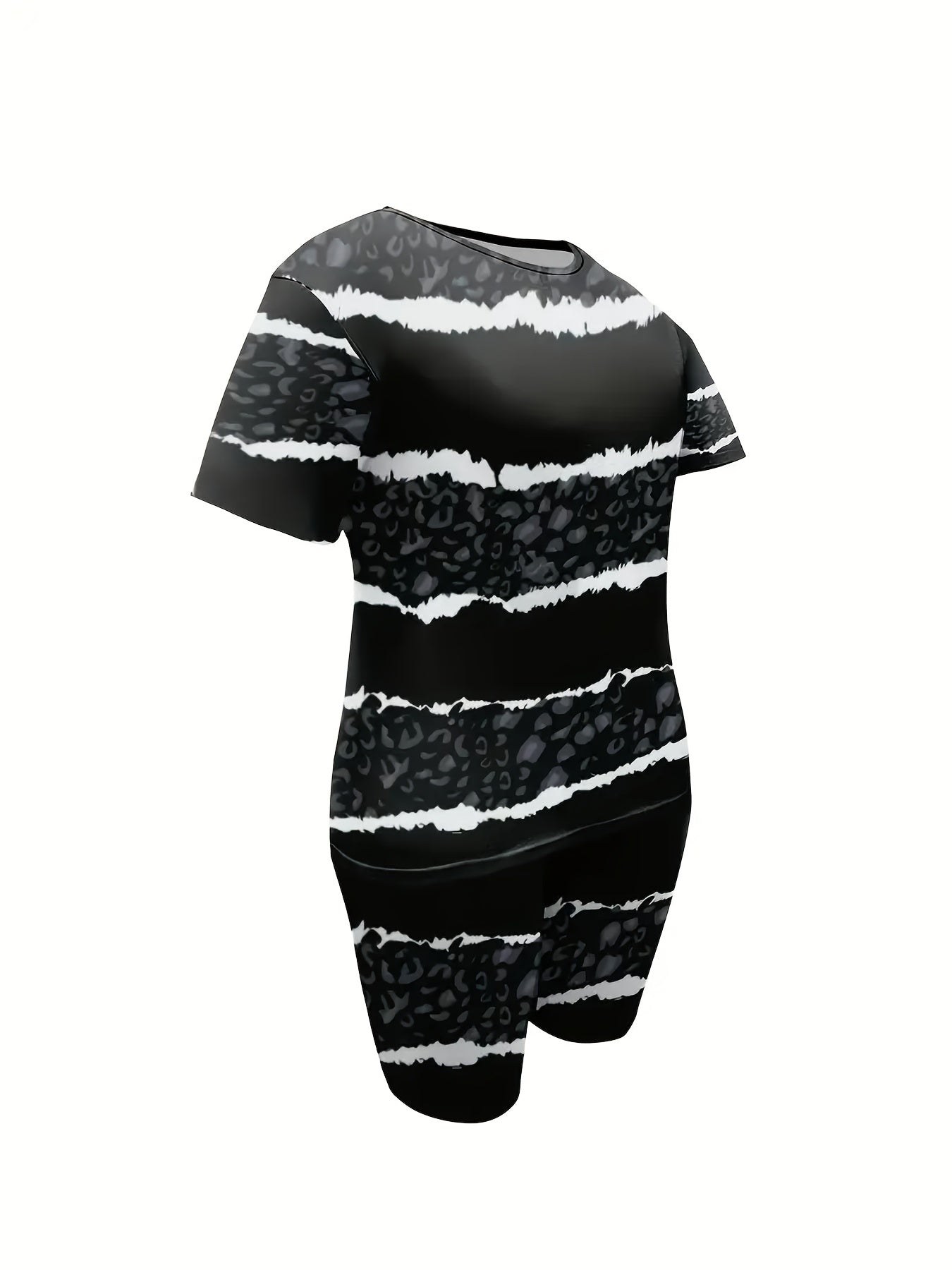 Plus Size - Ladies' Casual Leopard Short-sleeved T-shirt And Shorts Suit, With Pockets, Medium Elastic Fabric, Daily Casual Striped Suit.