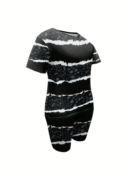 Plus Size - Ladies' Casual Leopard Short-sleeved T-shirt And Shorts Suit, With Pockets, Medium Elastic Fabric, Daily Casual Striped Suit.