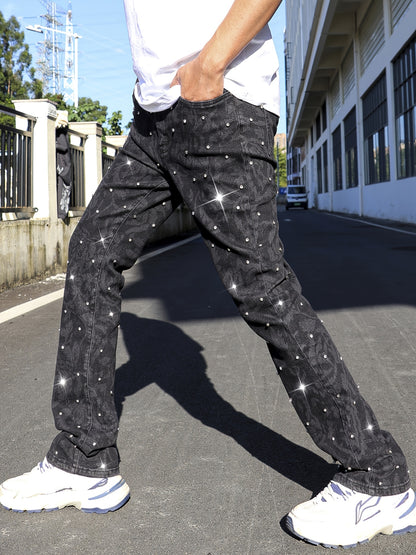 Y2K Men's Shiny Rhinestone Embellished Stretch Slim-Fit Jeans, Casual Street Style Hip-Hop Skateboarding Rap Pants, Machine Washable - All-Season Wear