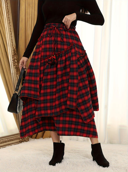 Victorian Gothic Handmade Fringe Plaid Skirt 2025 | Asymmetric Ruffle High-Waist Beach Skirt | Elastic Waist Multi-Layer Vacation Dress | Spring Summer Sweet Style Ladies Gift