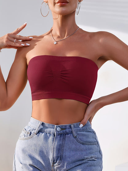 5pcs Women's Strapless Push Up Bandeau Bra - Wireless Seamless No-Underwire Suitable for Daily Layering, Cropped Breathable Comfort Bra with Medium Lift, Solid Color No-Pad for Casual Wear & Strapless Outfits