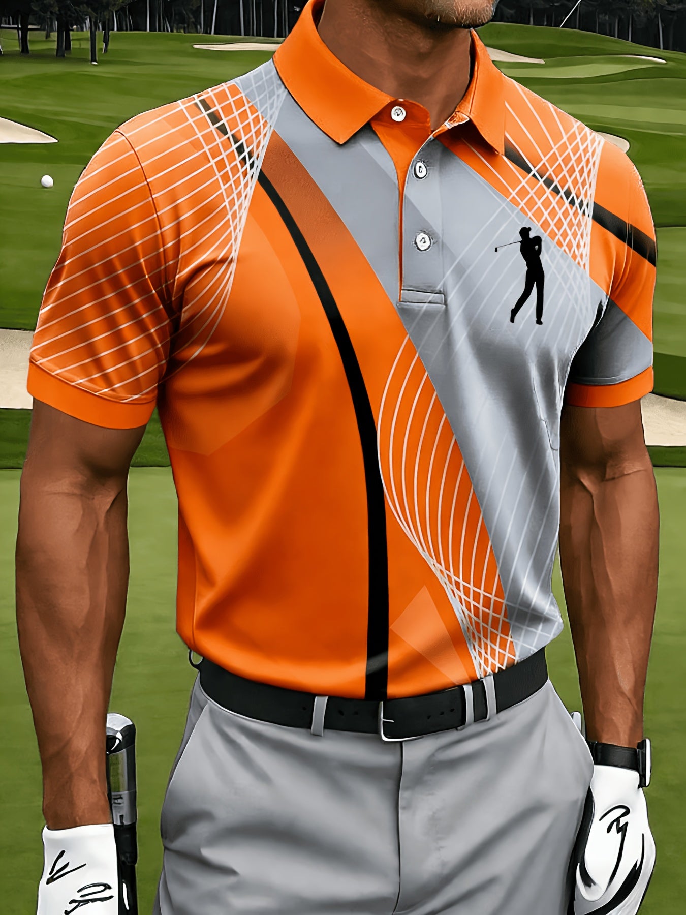 Men's Casual Sports Short Sleeve, Mesh Lines and Golf Pattern Print, Polyester Fabric Machine Washable, Breathable Regular Fit, Suitable for Daily Casual Sports Wear, PLUS SIZE