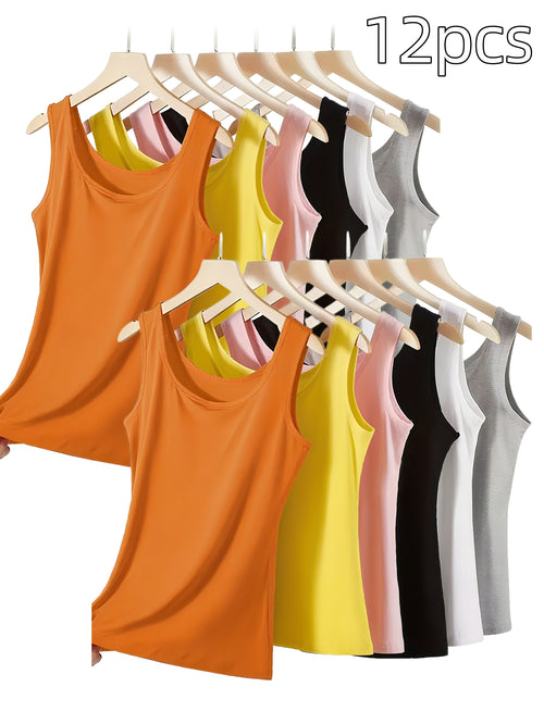 12pcs Women's Sleeveless Blouses & - Solid Color -Chic Sleeveless Shirts, Sleeveless Vest for Layering, Full Color Palette ( Neutrals to Tones) - Breathable Machine-Washable Casual Wear for Home & Outfits, Versatile