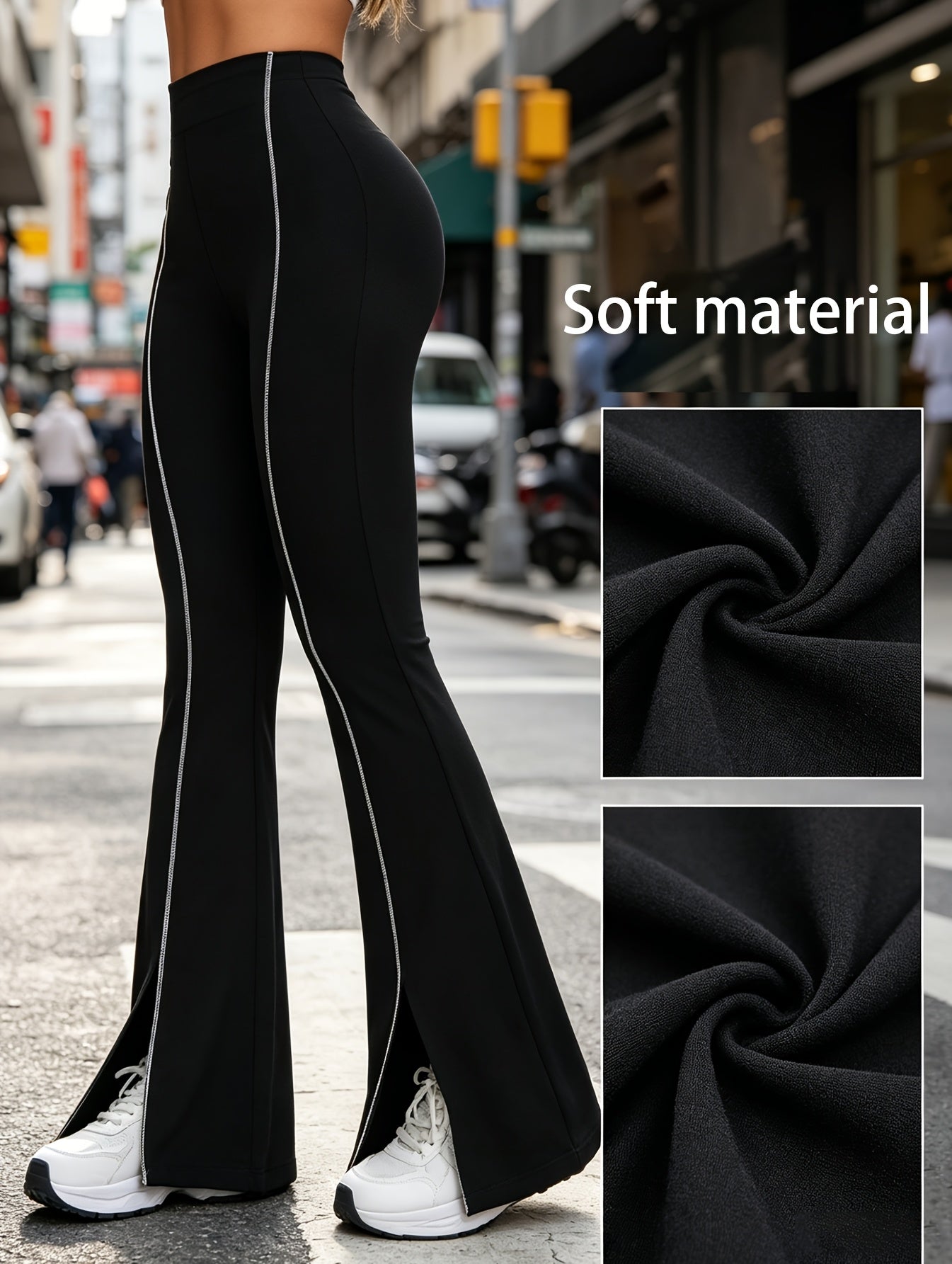 Women'S Stretchy Flared Pants, High Waist Tummy Control Split Hem Bell Bottom Leggings with Reflective Line, Casual Streetwear Trousers