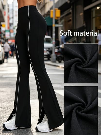 Women'S Stretchy Flared Pants, High Waist Tummy Control Split Hem Bell Bottom Leggings with Reflective Line, Casual Streetwear Trousers