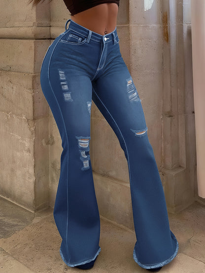 Women's Sexy Ripped Distressed Bell-Bottom Jeans - Mid-Rise Tight-Fit Pants with Full-Length Bell Flare Legs, Beltless & Machine Washable for Casual Outfits (//Daily Wear) - - Wearable in Stock