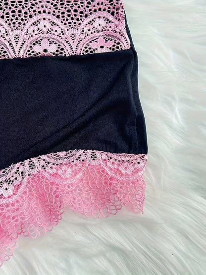 Contrast Color Lace Splicing V-Neck Bow Splicing Soft And Comfortable Skin-Friendly Casual Home Pajamas Set