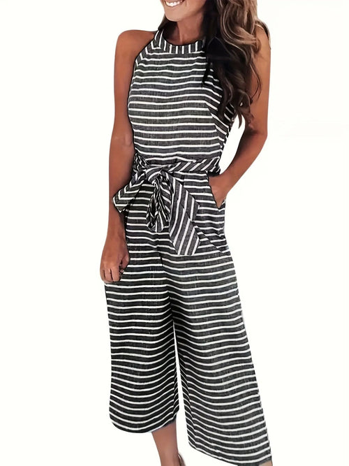Women's Sleeveless Tank Top Jumpsuit with Decorative Bow Belt - High-Waisted Wide-Leg Pants, Black & White Vertical Stripes, Loose Fit Machine Washable Summer Outfit for Casual Outings & Beach Vacations, Ladies Tank Tops, Warm Weather Clothing, Breathable