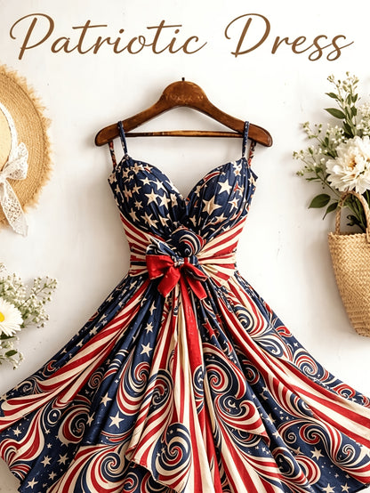 [Independence Day Style] Women's Retro Independence Day Style Camisole V-Neck Padded A-Line Waist Belted Fashion Dress