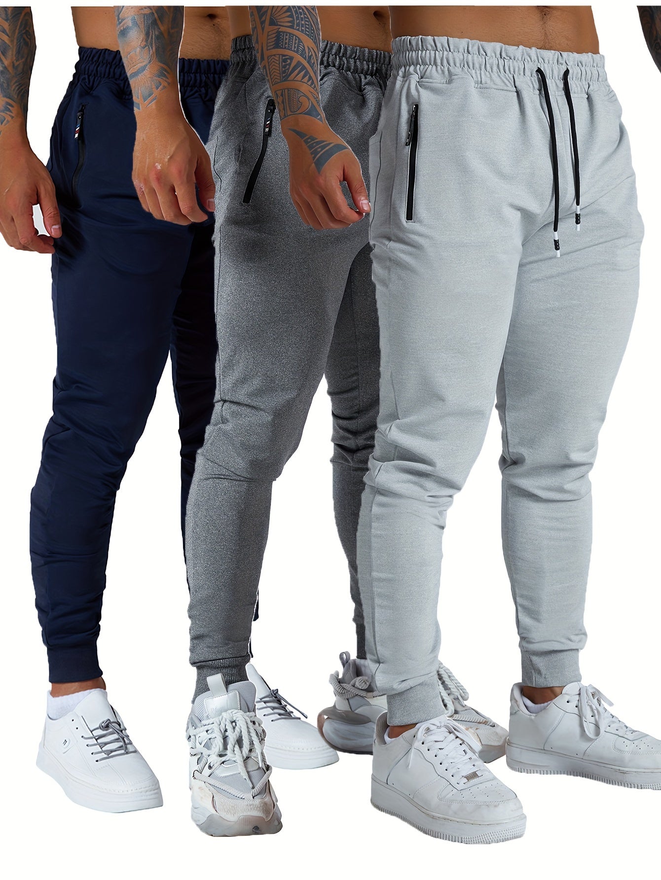 3PCS Men's Sweatpants with Zipper Pockets Tapered Joggers for Men - Athletic Pants for Workout, Jogging, Running - Breathable & Comfortable Fabric - Suitable for Men - Perfect for Fitness Enthusiasts