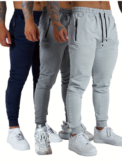 3PCS Men's Sweatpants with Zipper Pockets Tapered Joggers for Men - Athletic Pants for Workout, Jogging, Running - Breathable & Comfortable Fabric - Suitable for Men - Perfect for Fitness Enthusiasts