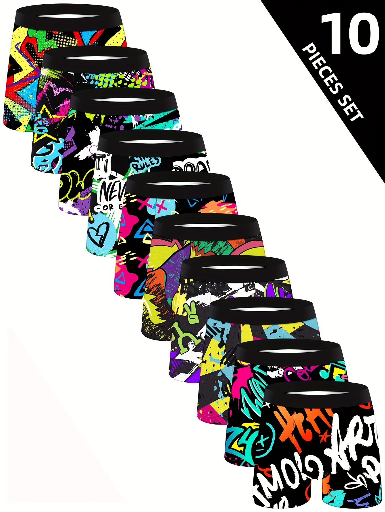 Set of 10 Men'S Boxer Briefs Featuring a Long Cut, Stylish Graffiti Design, Made from Stretchy Elastane Material, Perfect for Casual Athletic Use for Young Individuals
