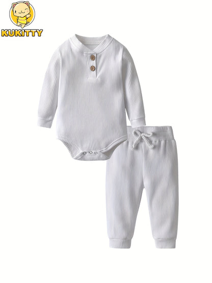 Kukitty Newborn Baby Boys Girls Clothes Unisex Long Sleeve Solid Color Ribbed Bodysuit And Pants Outfits Set, for Outdoor