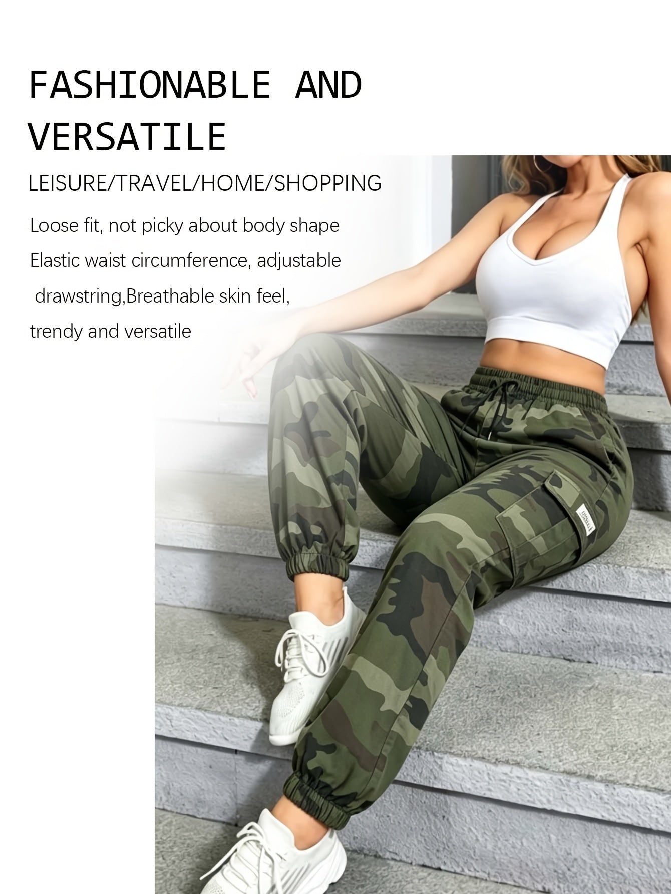 Women's Casual Camouflage Work Pants with Large Patch Pockets, Elastic Drawstring Waistband, and Tapered Cuffs, Suitable for Daily Outdoor Leisure Wear