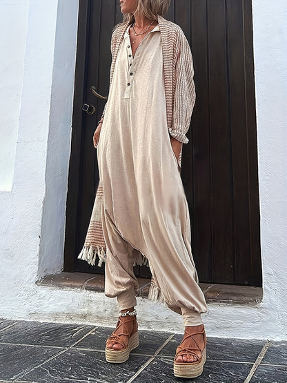 2024 New Women's Solid Color V-neck Button Up Hooded Side Pocket Jumpsuit, Long Sleeved Loose Fitting Jumpsuit