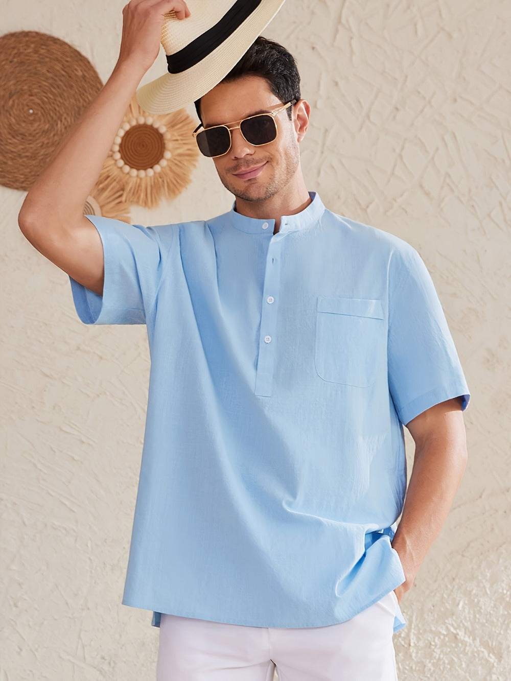 Men's Plus Size Henley Shirt – Sky Blue Short Sleeve