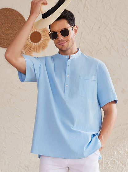 Men's Plus Size Henley Shirt – Sky Blue Short Sleeve