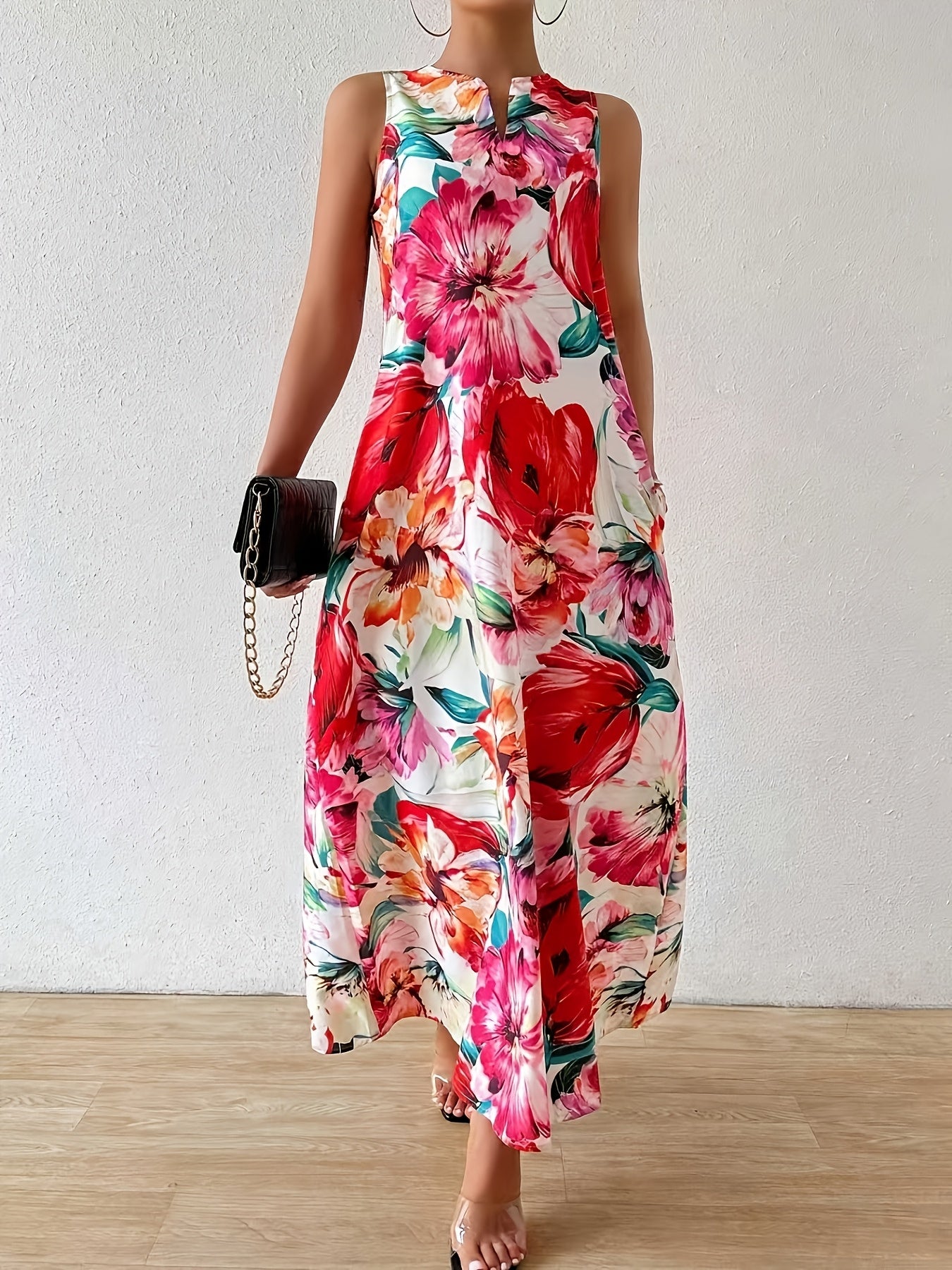 Casual And Fashionable Floral Print Round Neck Dress, Casual Sleeveless Dress with Pockets, Suitable for Casual Vacation Spring And Summer Women's Clothing