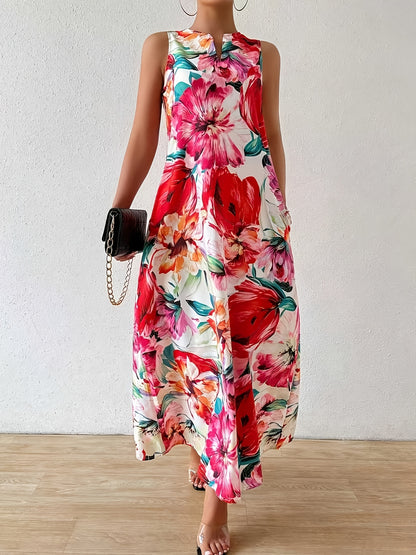 Casual And Fashionable Floral Print Round Neck Dress, Casual Sleeveless Dress with Pockets, Suitable for Casual Vacation Spring And Summer Women's Clothing
