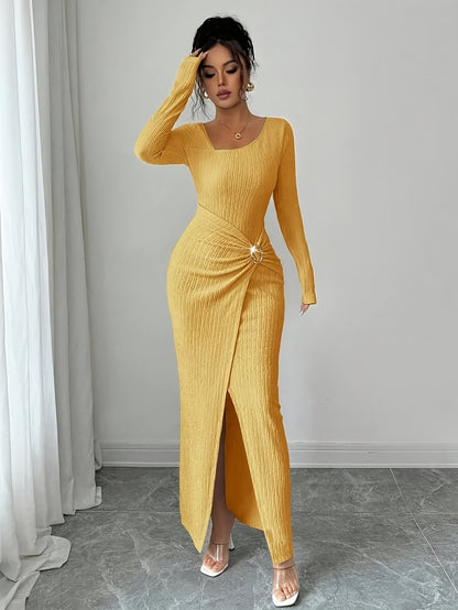 Women'S Solid Color Twisted Split Maxi Dress Asymmetrical Neck Slim Bodycon Fall Winter Elegant Fashion Dress
