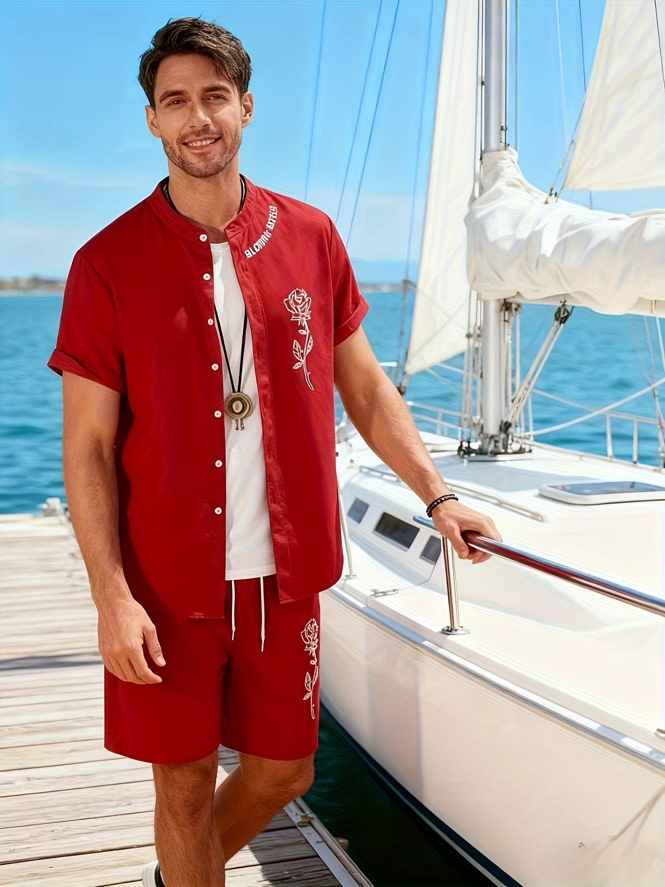 2pcs Printed Men's Summer Short Sleeve Button Shirt and Shorts Set
