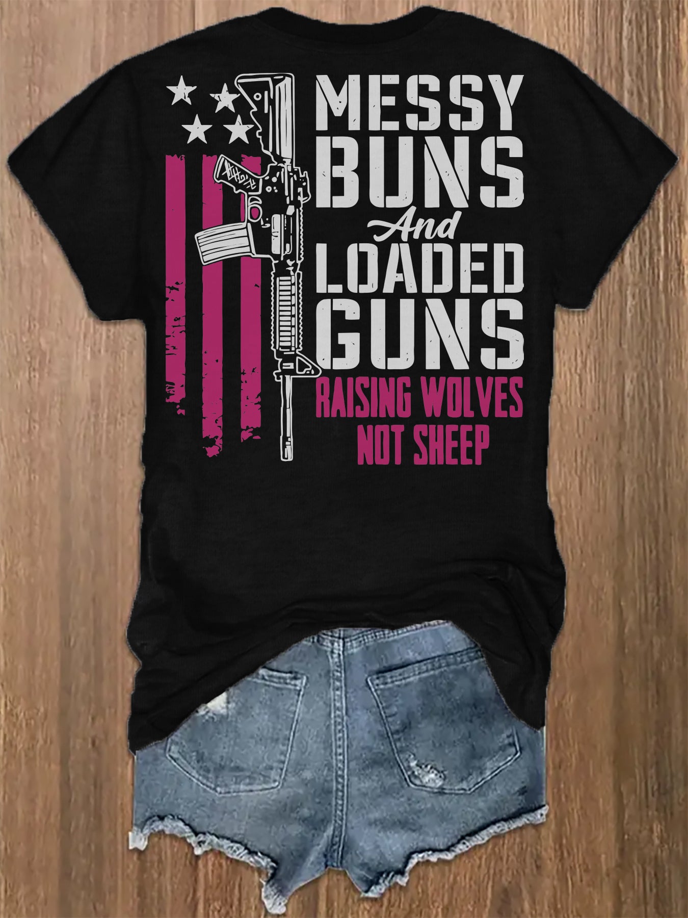 [Front and Back Double Image] Women's Black Pattern T-Shirt- "Messy Bun and Gun Full of Bullets" Slogan Design- Spring Summer Casual Short Sleeve Round Neck Printed Top and Bottom