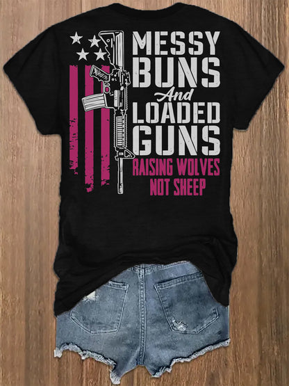 [Front and Back Double Image] Women's Black Pattern T-Shirt- "Messy Bun and Gun Full of Bullets" Slogan Design- Spring Summer Casual Short Sleeve Round Neck Printed Top and Bottom