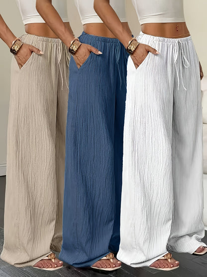 3pcs Elegant Ladies' Pants Set - Elegant Casual Solid Color Wide Leg Trousers, Versatile High-Waisted Pants for Spring & Summer, Perfect for Daily Wear And Vacation, Summer Vacation Beach Flowy Trousers with Pockets