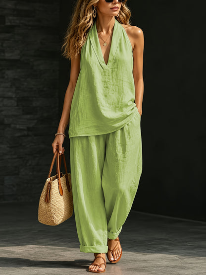 2pcs The New Spring/Summer 2026 Women's Halter-neck V-neck Sleeveless Casual Suit Is Suitable for Daily Casual Wear