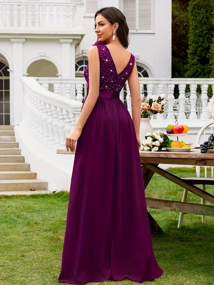 24451A Elegant Womens Mesh Deep V Neck Sequin Lace Maxi Dress, Sleeveless Applique Shoulder, Back V Neck, Ruched A Line Waist, High Thigh Slit Hem, Perfect For Formal Wedding Guest, Prom, Bridesmaid Party, Graduation Season, Wedding Season