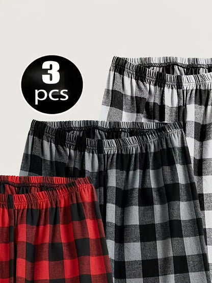 Spring And Summer 3pcs Men's Comfortable Sleep Pants Plaid Long Pants Spring And Autumn Lightweight Soft Home Pants 3pcs Pajama Set Four Seasons Elastic Waist Pajamas Long Home Pants