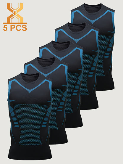 5pcs Men's Sports Sleeveless Tank Top Quick Dry Breathable Crossover Slimming Tight Training Stretchy Compression Top