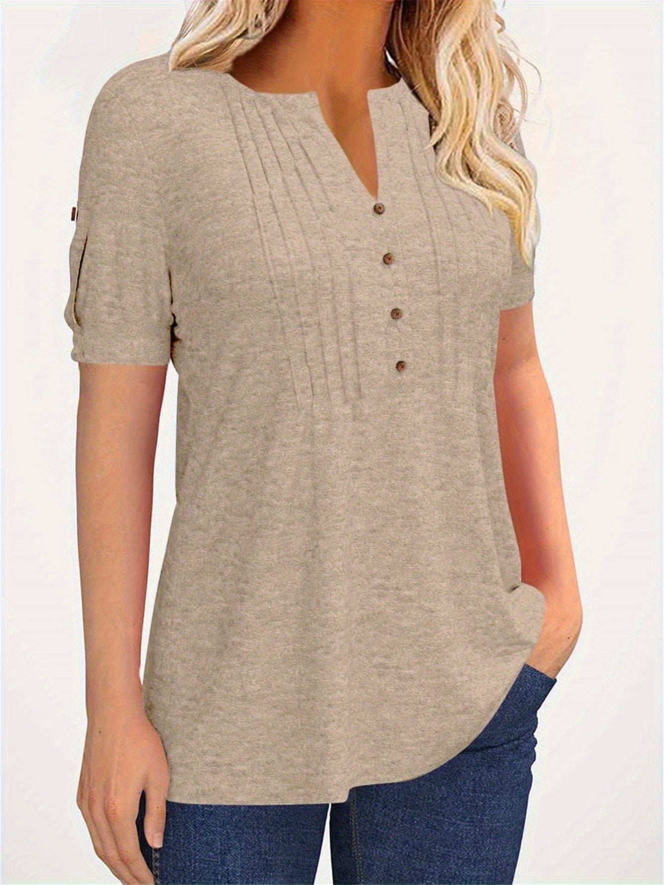 Casual Short-Sleeve Blouse for Women with a Solid Color, Featuring a Pleated Design, Buttoned V-Neck, And a Zipper