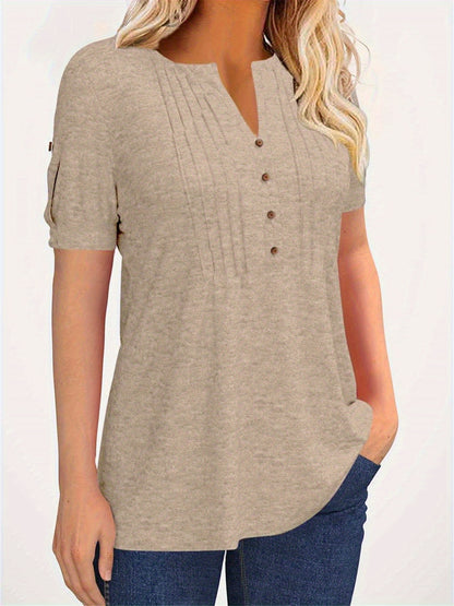 Casual Short-Sleeve Blouse for Women with a Solid Color, Featuring a Pleated Design, Buttoned V-Neck, And a Zipper
