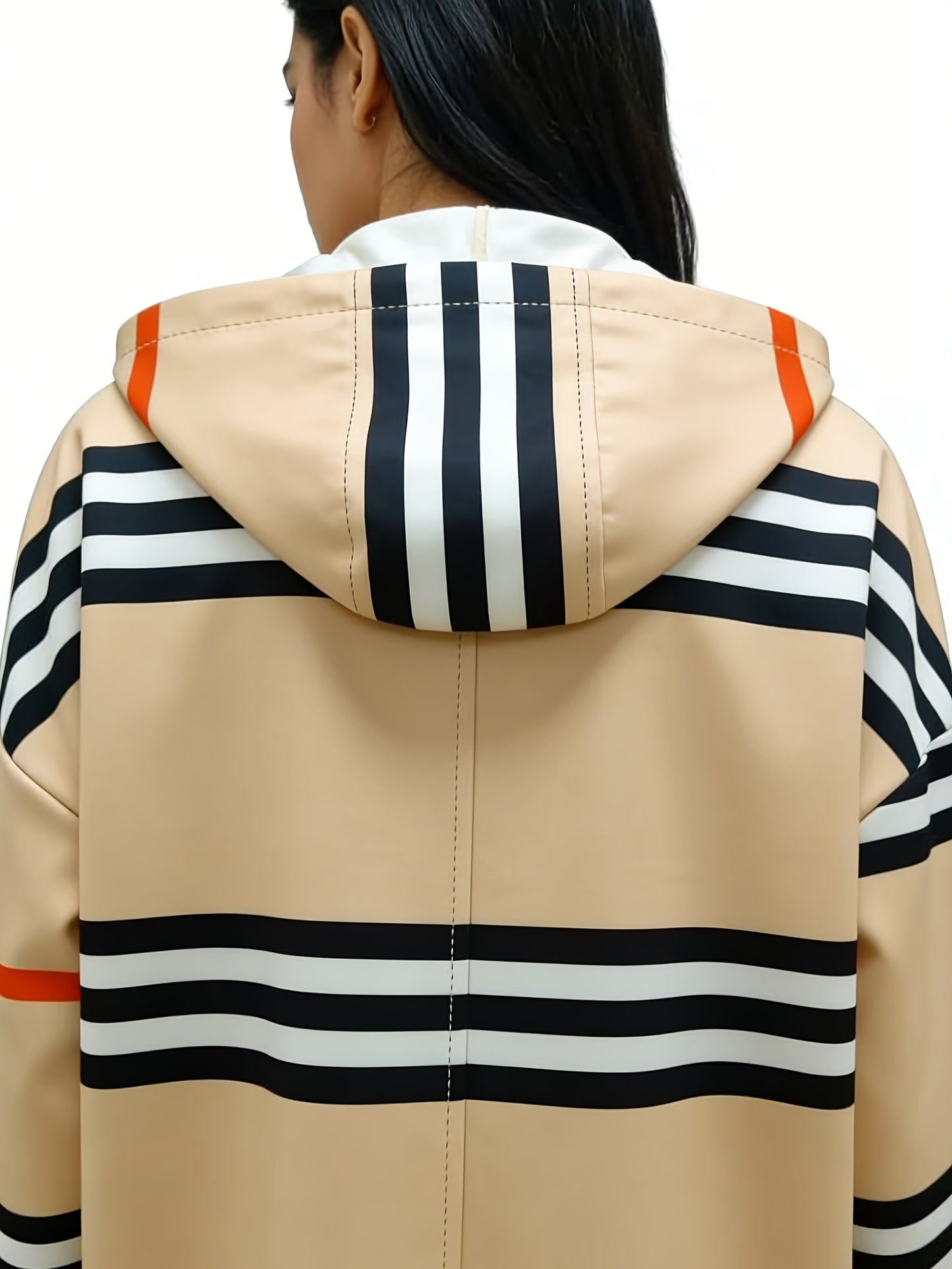 Women'S Beige Wavy Striped Hooded Longline Coat | Trendy Y2K Quiet Luxury Vibe Loose-Fit Full-Zip Outerwear for Spring Autumn Casual Daily Chic Versatile Outfit