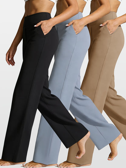 3pcs Of Women'S Summer Casual Straight-leg Pants, High-waisted Slim-fit Sports Trousers, Summer Lightweight Women'S Sportswear, Stretch Fabric, Women'S Sports Fitness Yoga Pants, Suitable For Daily Wear, Fitness, Running, Cycling Activities