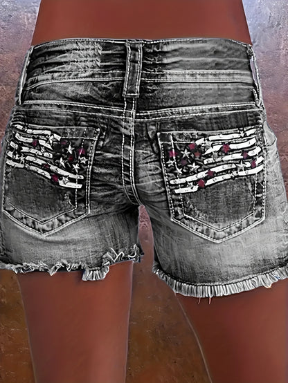Women's High-Elasticity Embroidered Distressed Denim Shorts - Casual Stretch Fit with Raw Hem, Star Pattern & Patchwork Details, Machine Washable Spring/Summer Shorts, Summer Casualwear, Highelasticity Fabric, Embroidered Details